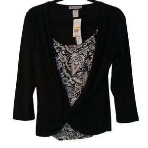 Stephen And Casey Floral Black White 3/4 Sleeves Twist Front Blouse Medium New